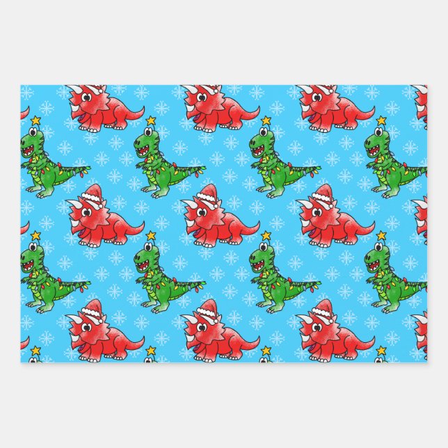 Christmas Dinosaur Pattern T-Rex Triceratops Wrapping Paper Sheets (Front)