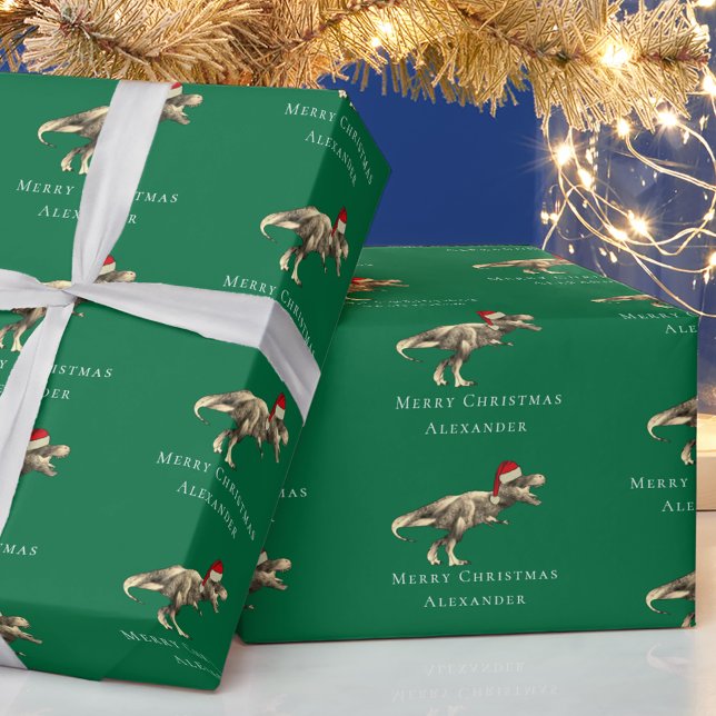 Christmas Dinosaur Personalized Boy Name Green Wrapping Paper (Funny christmas T-Rex dinosaur personalized boy name green holiday gift wrapping paper)