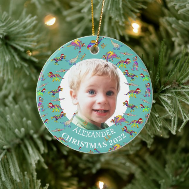 Christmas Dinosaur Personalized photo 2022 Ceramic Ornament (Tree)