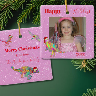 Christmas Dinosaur Personalized Photo Pink Ceramic Ornament