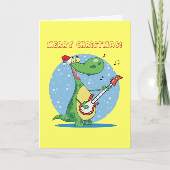 Christmas Dinosaur Playing Guitar Holiday Card (Front)
