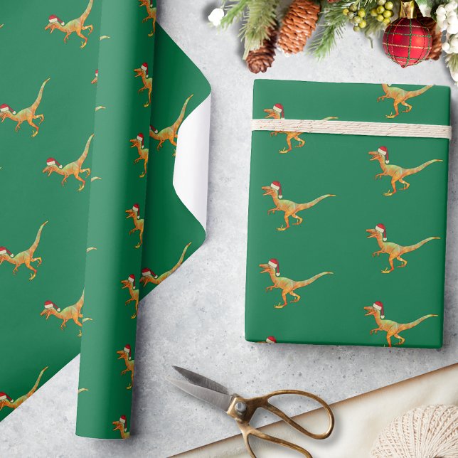 Christmas Dinosaur Raptor Wrapping Paper (Christmas dinosaur velociraptor Santa pattern green wrapping paper Cute raptor dino pattern)