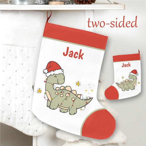 Christmas Dinosaur Santa Hat Name Kids two_sided Large Christmas Stocking