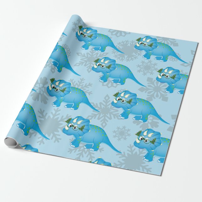 Christmas Dinosaur  Snowflakes Cute Blue Kids Wrapping Paper (Unrolled)