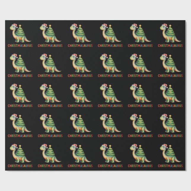 Christmas Dinosaur T Rex Dino Xmas Tree Lights Wrapping Paper (Flat)