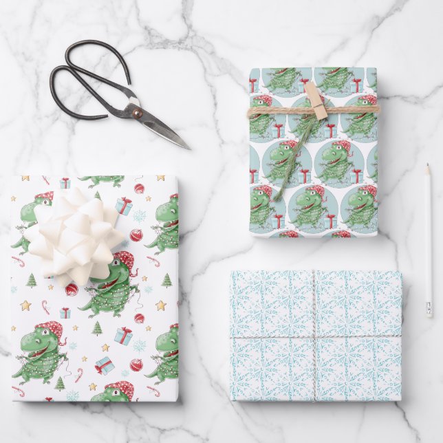 Christmas Dinosaur T-Rex Holiday Wrapping Paper Sheets (Front)