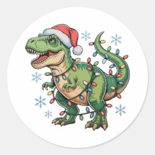 Christmas Dinosaur T Rex Merry Xmas Lights Santa Classic Round Sticker
