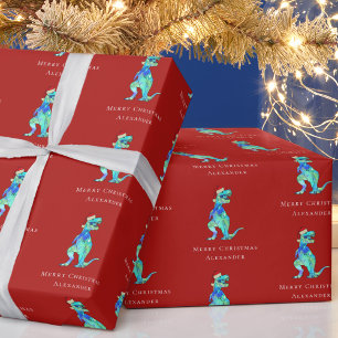Christmas Dinosaur T-Rex Personalized Kids Red Wrapping Paper