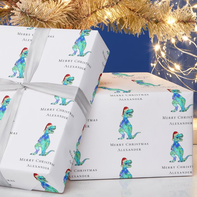 Christmas Dinosaur T-Rex Personalized Wrapping Paper (Personalized Christmas dinosaur holiday gift wrap funny colorful Jurassic festive Santa T-Rex dino)