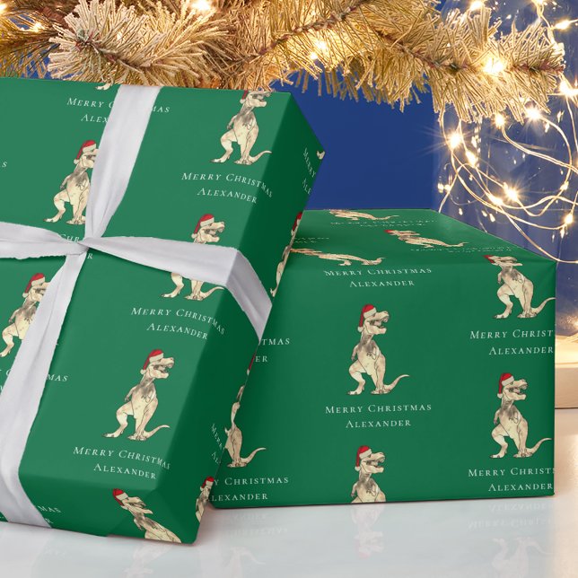 Christmas Dinosaur T-Rex Santa Personalized Green Wrapping Paper (dinosaur merry christmas personalized boy name funny T-Rex santa green gift wrapping paper Jurassic)