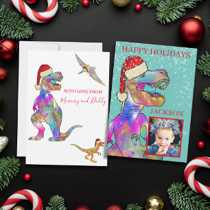 Christmas Dinosaur T-Rex wearing a Santa hat Photo Holiday Card