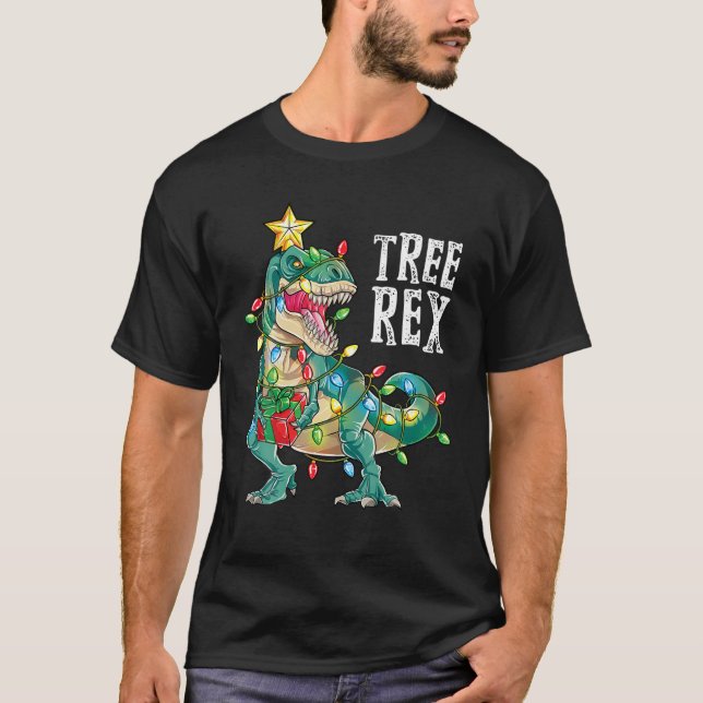Christmas Dinosaur Tree Rex Men Women Pajamas Xmas T-Shirt (Front)