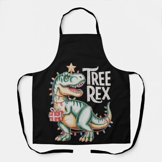 Christmas Dinosaur Tree T Rex Xmas Lights Holiday Apron (Front)