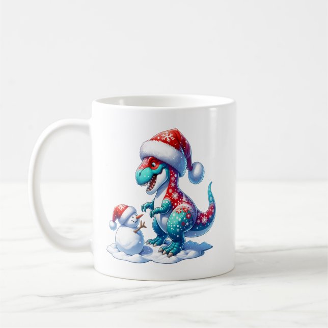 Christmas dinosaur with cute snowman, fantasy  coffee mug (Left)