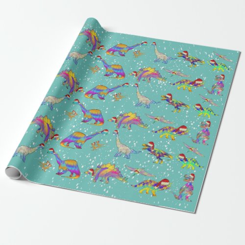 Christmas Dinosaurs in Santa Hats Wrapping Paper
