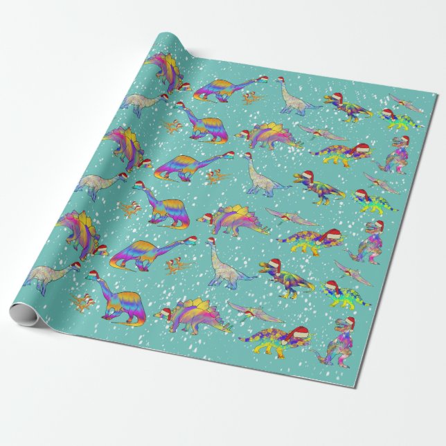 Christmas Dinosaurs in Santa Hats Wrapping Paper (Unrolled)