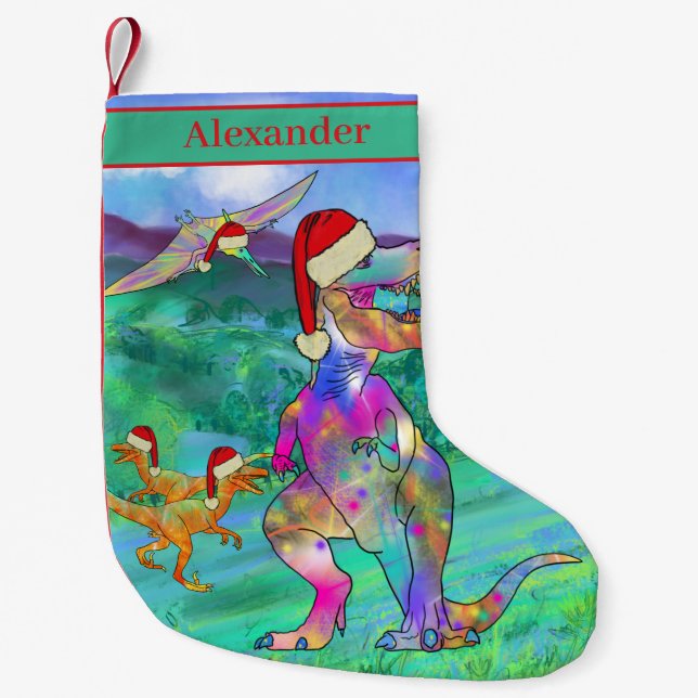 Christmas Dinosaurs Kids Name Small Christmas Stocking (Front)
