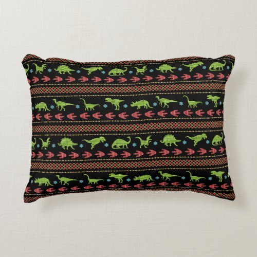 Christmas Dinosaurs Knit Embroidered Fair Isle Accent Pillow