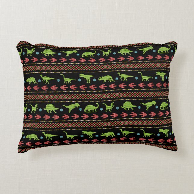 Christmas Dinosaurs Knit Embroidered Fair Isle Accent Pillow (Front)