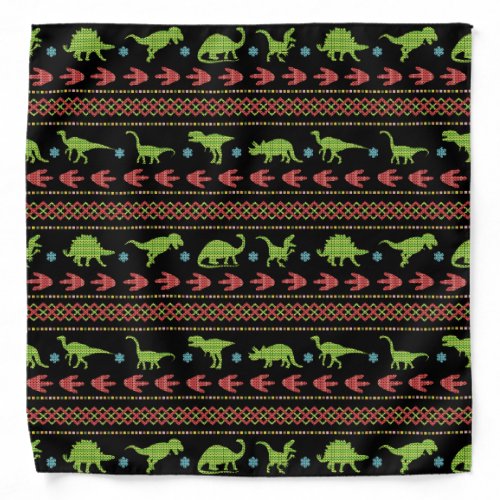 Christmas Dinosaurs Knit Embroidered Fair Isle Bandana