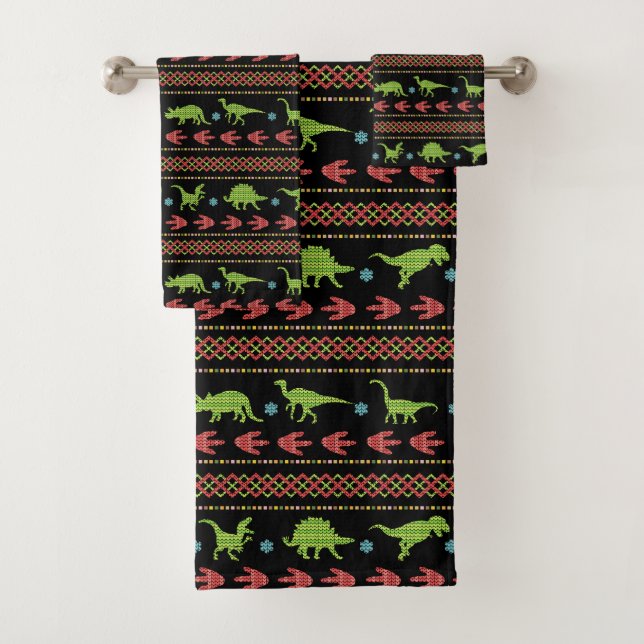 Christmas Dinosaurs Knit Embroidered Fair Isle Bath Towel Set (Insitu)