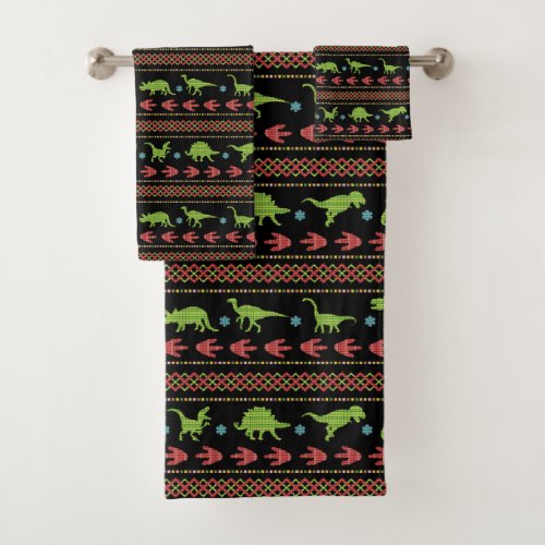 Christmas Dinosaurs Knit Embroidered Fair Isle Bath Towel Set