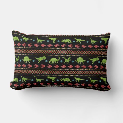 Christmas Dinosaurs Knit Embroidered Fair Isle Lumbar Pillow