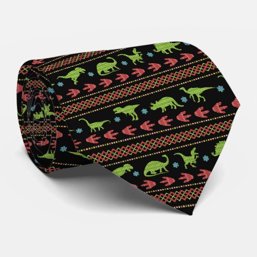 Christmas Dinosaurs Knit Embroidered Fair Isle Neck Tie