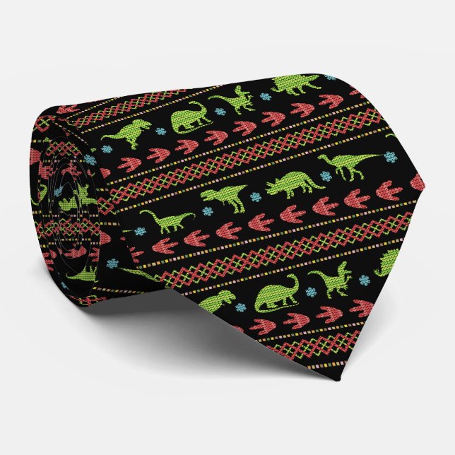 Christmas Dinosaurs Knit Embroidered Fair Isle Neck Tie (Rolled)