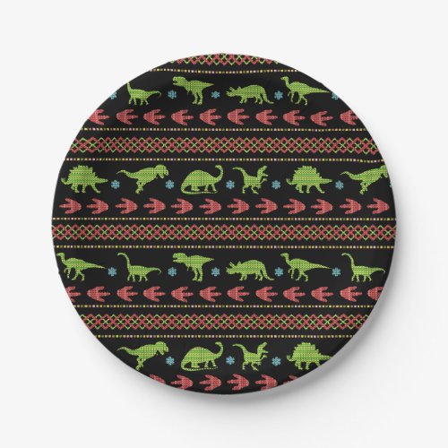 Christmas Dinosaurs Knit Embroidered Fair Isle Paper Plates