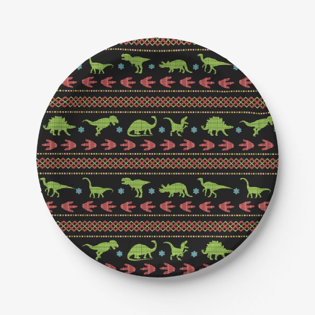 Christmas Dinosaurs Knit Embroidered Fair Isle Paper Plates (Front)