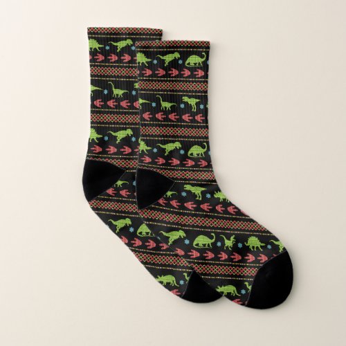 Christmas Dinosaurs Knit Embroidered Fair Isle Socks