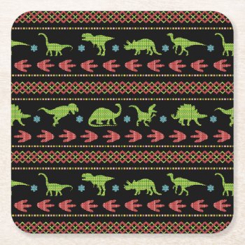 Christmas Dinosaurs Knit Embroidered Fair Isle Square Paper Coaster by FunnyTShirtsAndMore at Zazzle