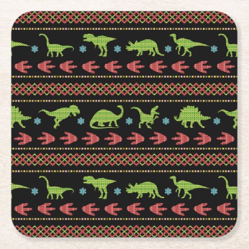 Christmas Dinosaurs Knit Embroidered Fair Isle Square Paper Coaster