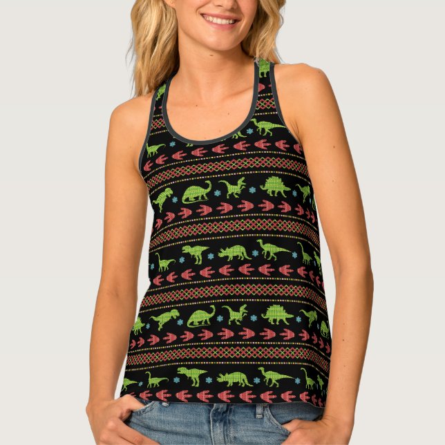 Christmas Dinosaurs Knit Embroidered Fair Isle Tank Top (Front)
