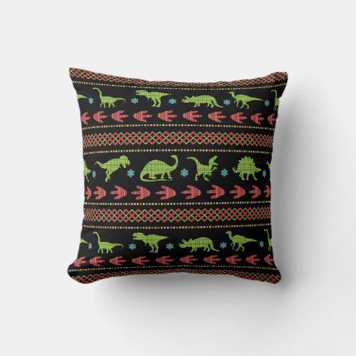 Christmas Dinosaurs Knit Embroidered Fair Isle Throw Pillow
