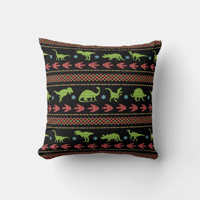 Christmas Dinosaurs Knit Embroidered Fair Isle Throw Pillow (Front)