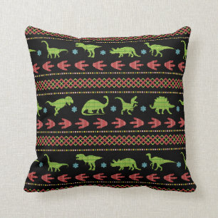 Christmas Dinosaurs Knit Embroidered Fair Isle Throw Pillow