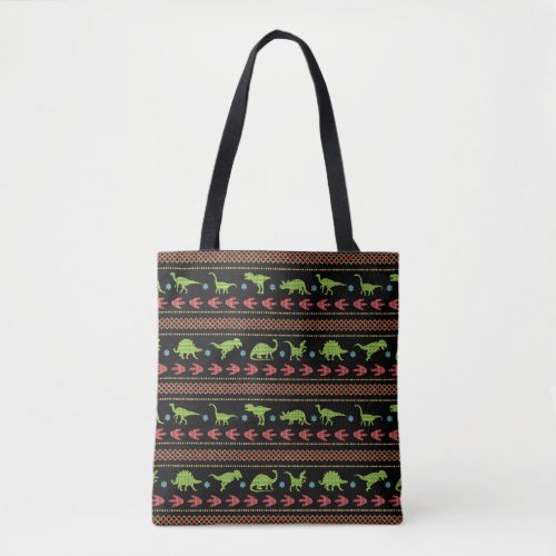 Christmas Dinosaurs Knit Embroidered Fair Isle Tote Bag