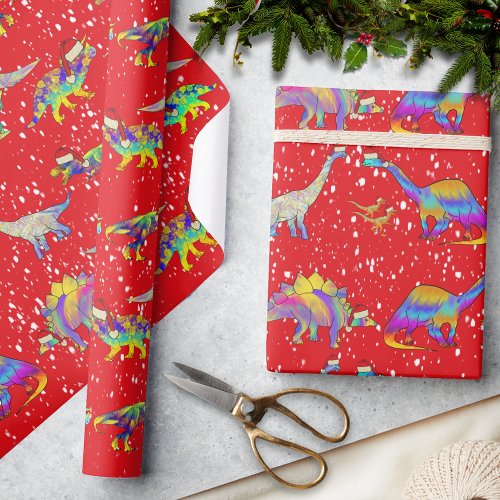 Christmas Dinosaurs wearing Santa Hats Pattern Wrapping Paper