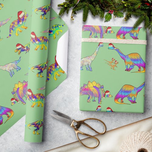 Christmas Dinosaurs Wearing Santa Hats Pattern Wrapping Paper