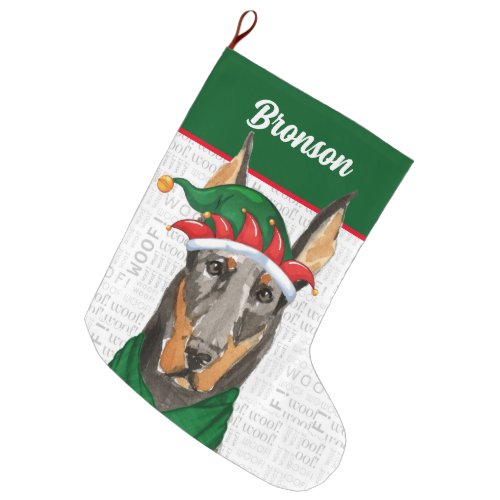 Christmas Doberman and Woof Words with Dogs Name Large Christmas Stocking