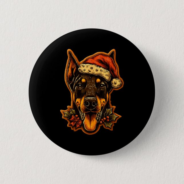 Christmas Doberman Dog With Santa Hat Gingerbread  Button (Front)