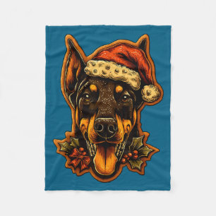 Christmas Doberman Dog With Santa Hat Gingerbread  Fleece Blanket