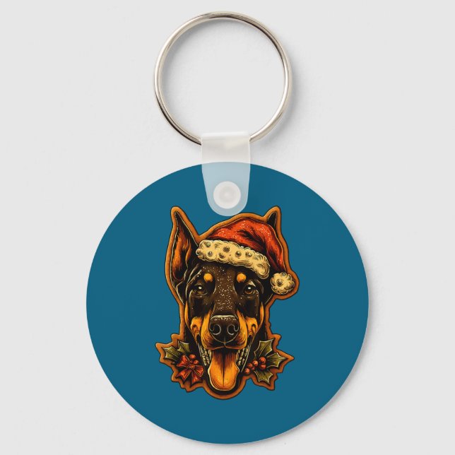Christmas Doberman Dog With Santa Hat Gingerbread  Keychain (Front)