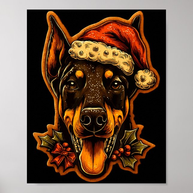 Christmas Doberman Dog With Santa Hat Gingerbread  Poster (Front)