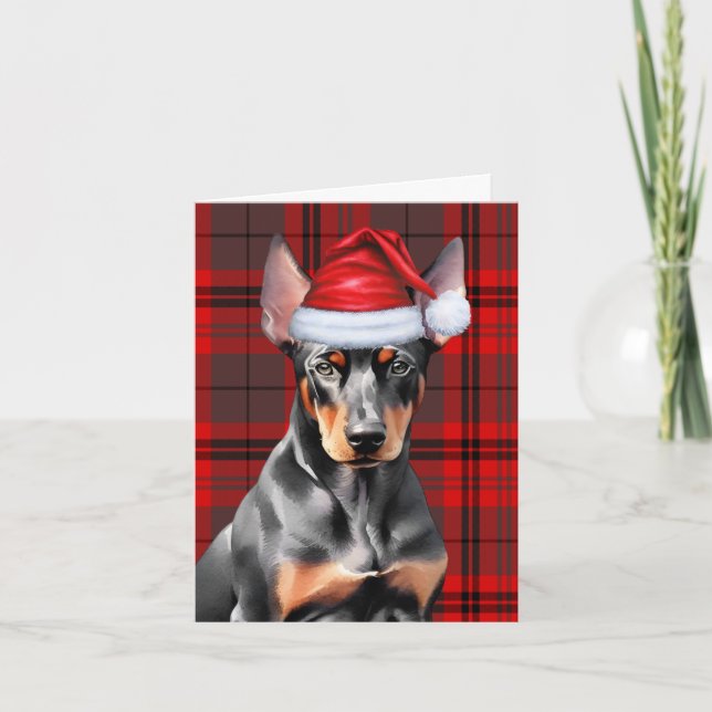 Christmas Doberman Pinscher Dog and Red Plaid Holiday Card (Front)