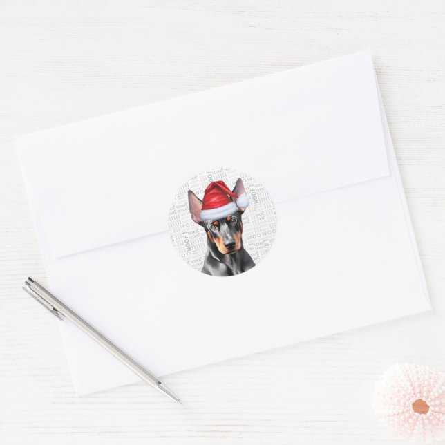Christmas Doberman Pinscher Dog and Woof Art Classic Round Sticker (Envelope)