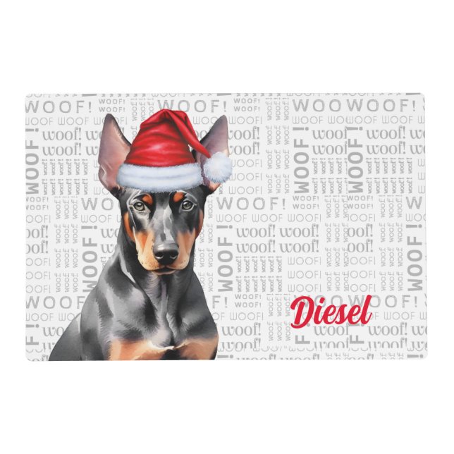 Christmas Doberman Pinscher with Name Pet Dinner Placemat (Back)