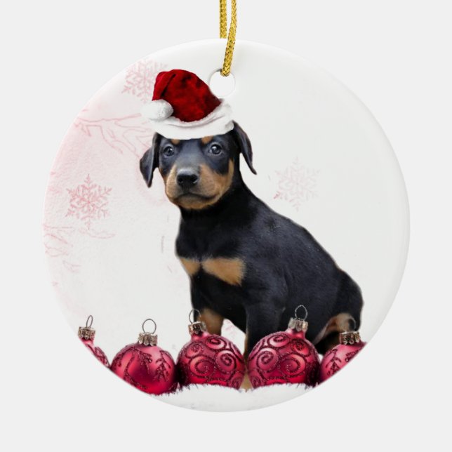 Christmas Doberman puppy round ceramic ornament (Front)